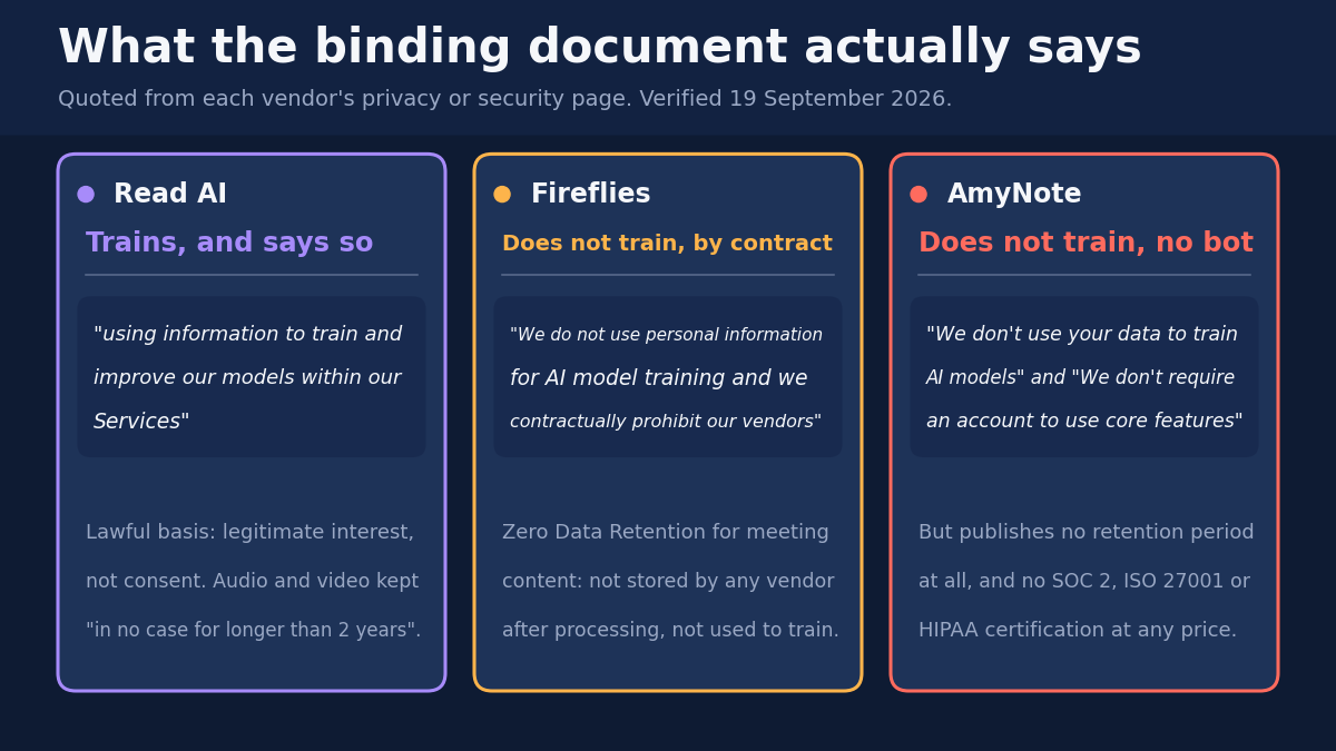 What each binding document actually says, quoted from each vendor&rsquo;s privacy or security page and verified 19 September 2026. Read AI trains and says so: using information to train and improve our models within our Services, on a lawful basis of legitimate interest rather than consent, with audio and video kept in no case for longer than 2 years. Fireflies does not train by contract: we do not use personal information for AI model training and we contractually prohibit our vendors, with Zero Data Retention for meeting content not stored by any vendor after processing. AmyNote does not train and uses no bot, and does not require an account to use core features, but publishes no retention period at all and no SOC 2, ISO 27001 or HIPAA certification at any price.